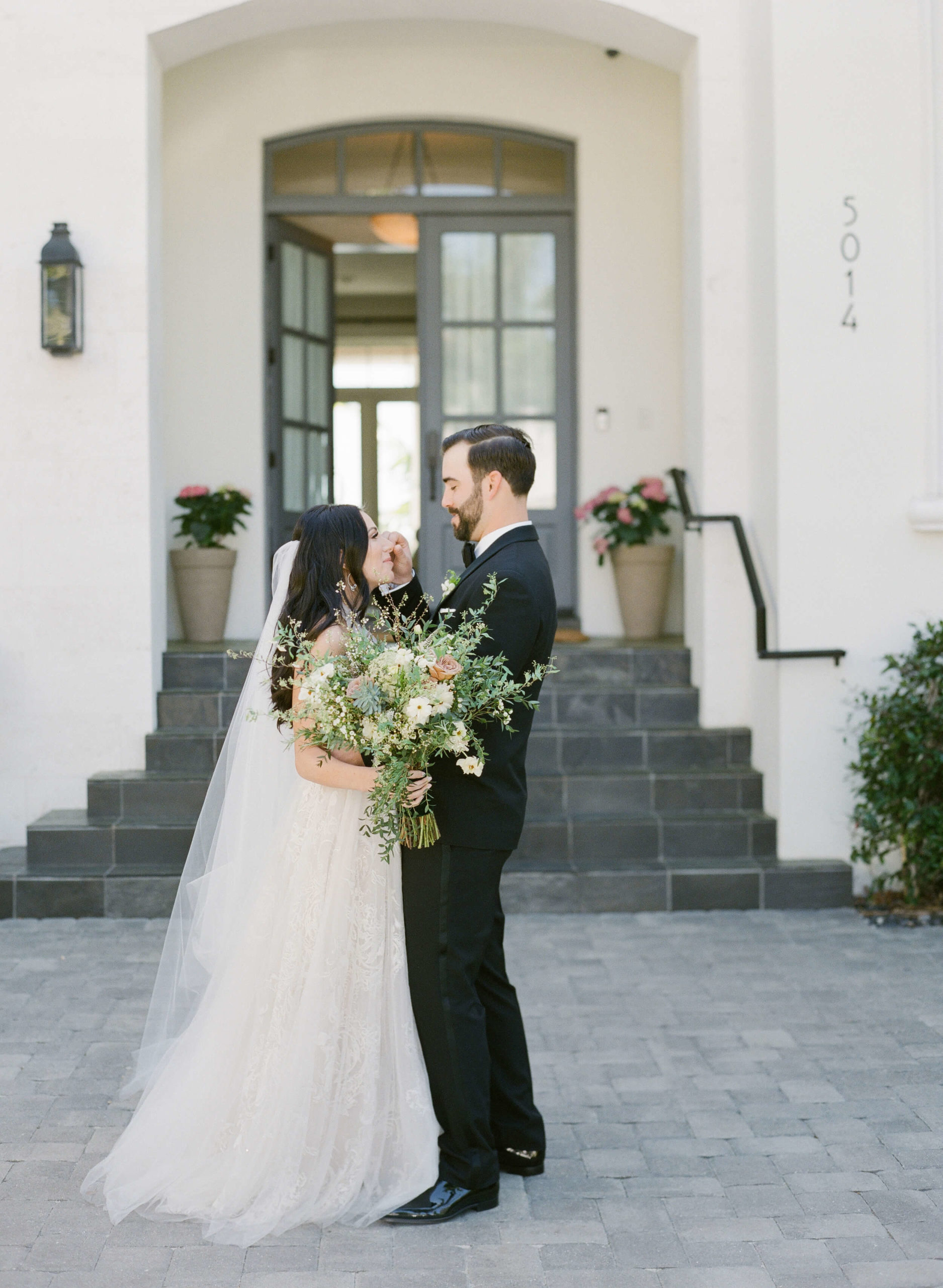 bride and groom's first look before at-home wedding in Tampa