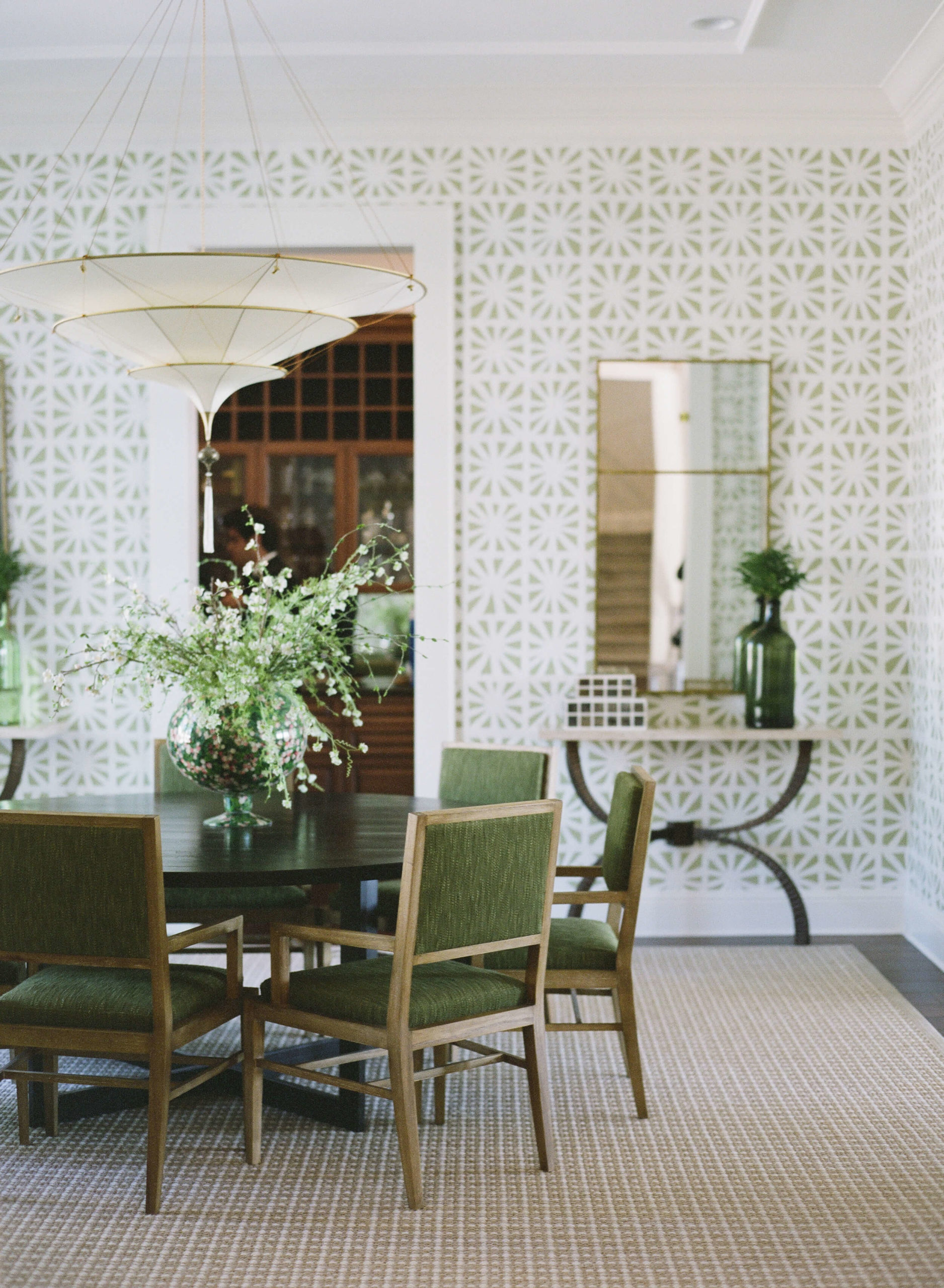 modern green and white dining room
