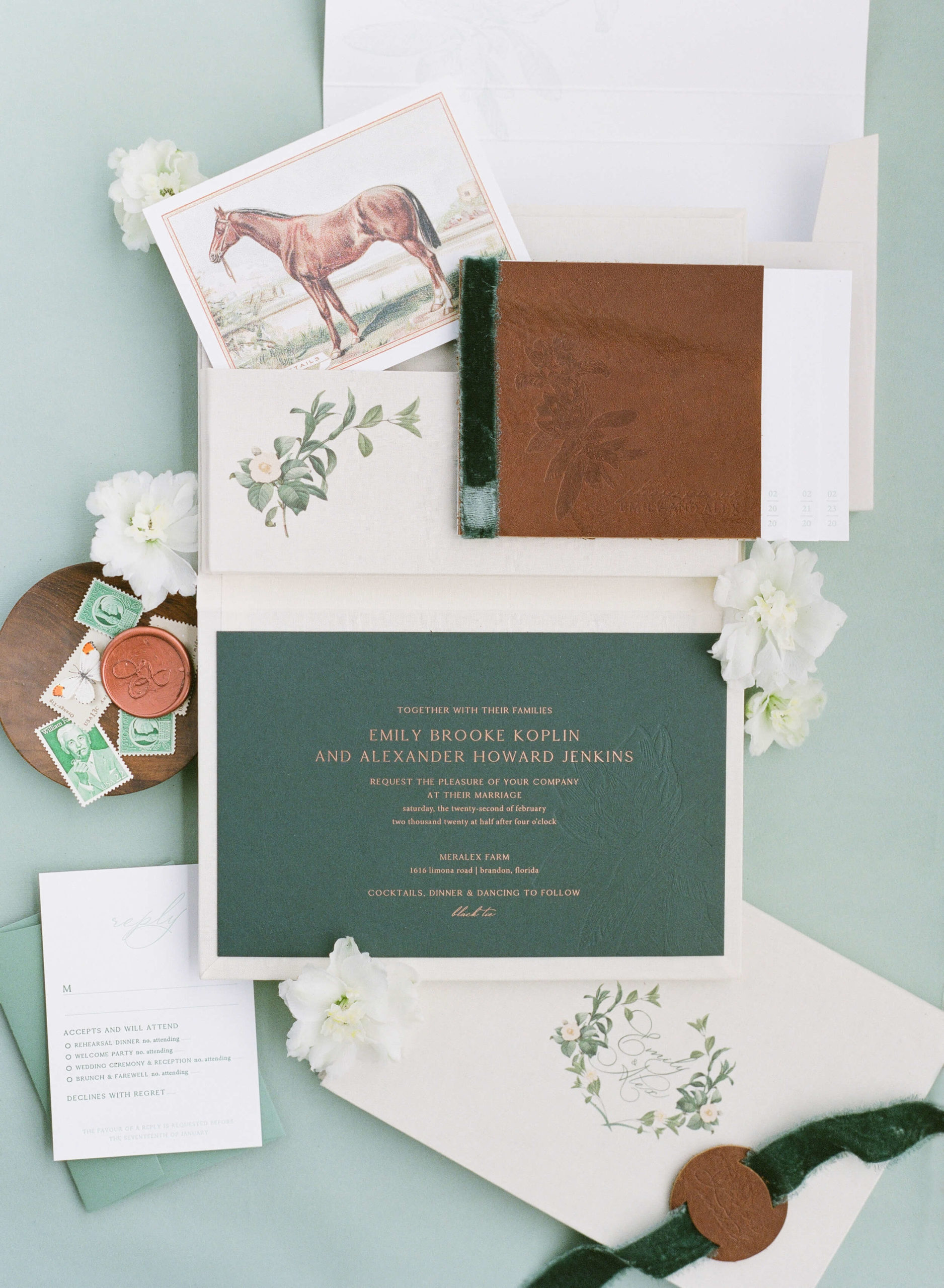 green and ivory invitation suite with horse picture 