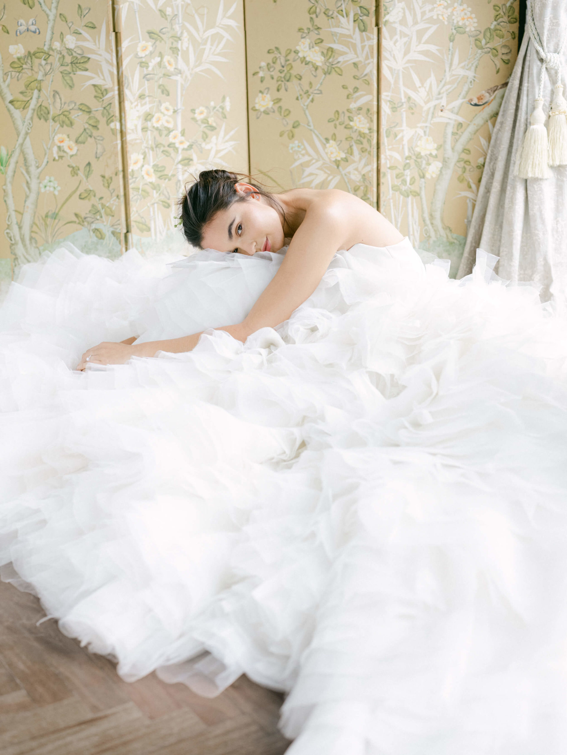Monique Lhuillier fall bridal gown with ruffled tulle