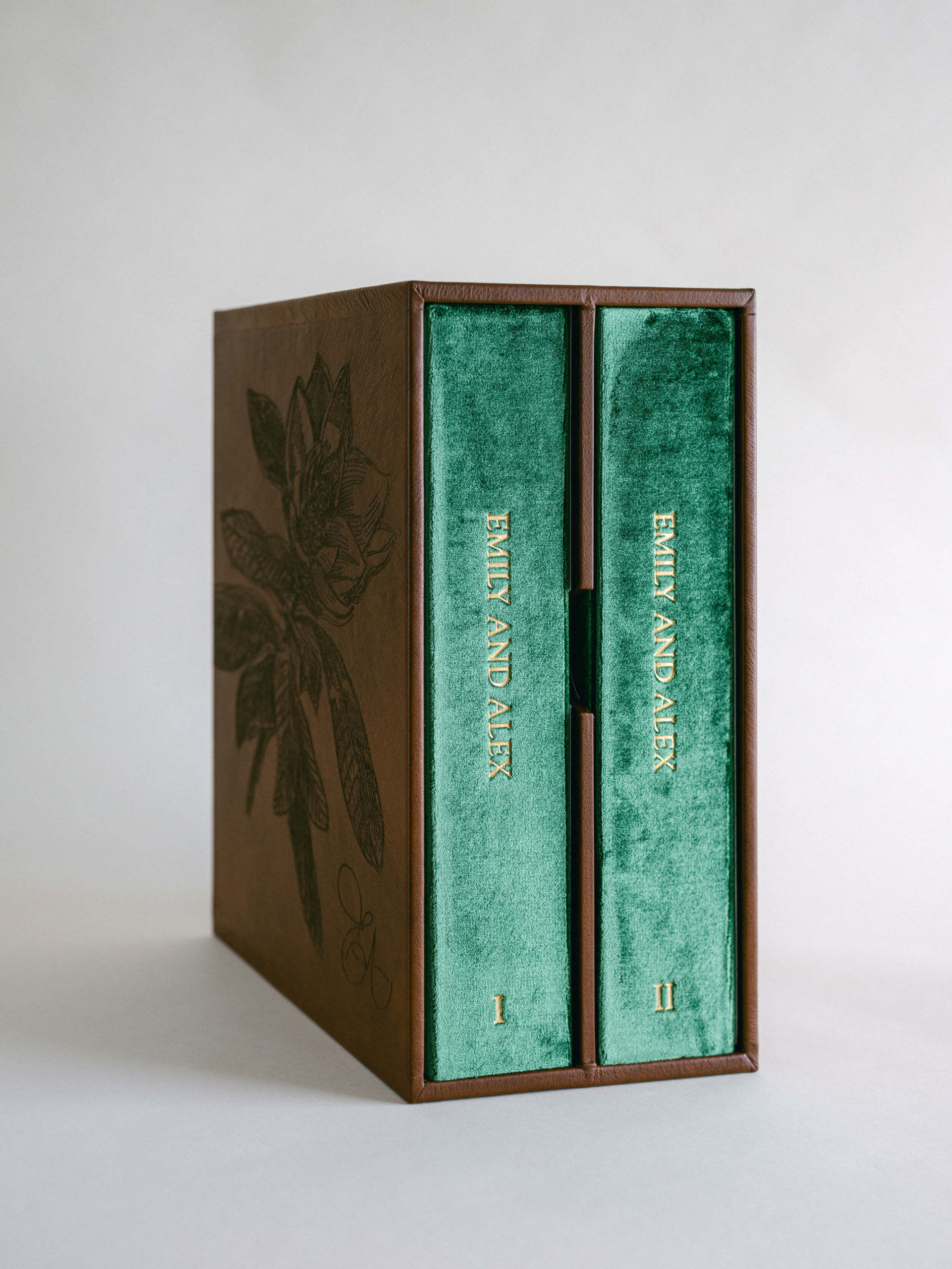 green velvet custom wedding album in leather slipcase