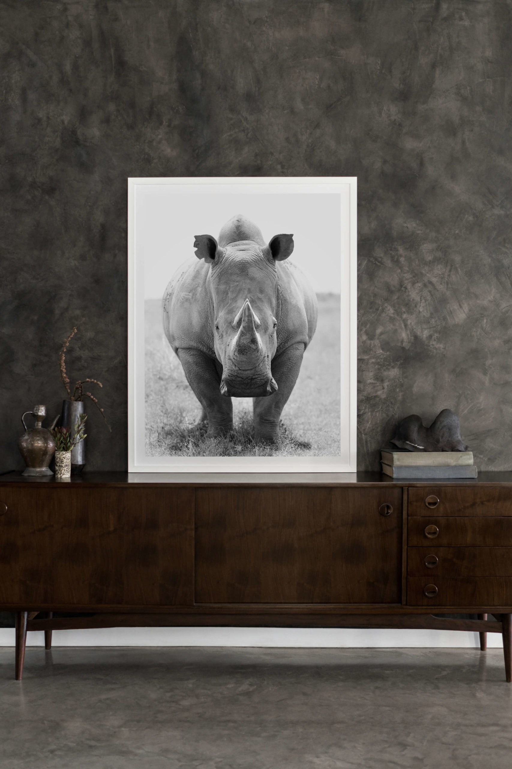 photographic fine art print of rhinoceros on mid-century credenza