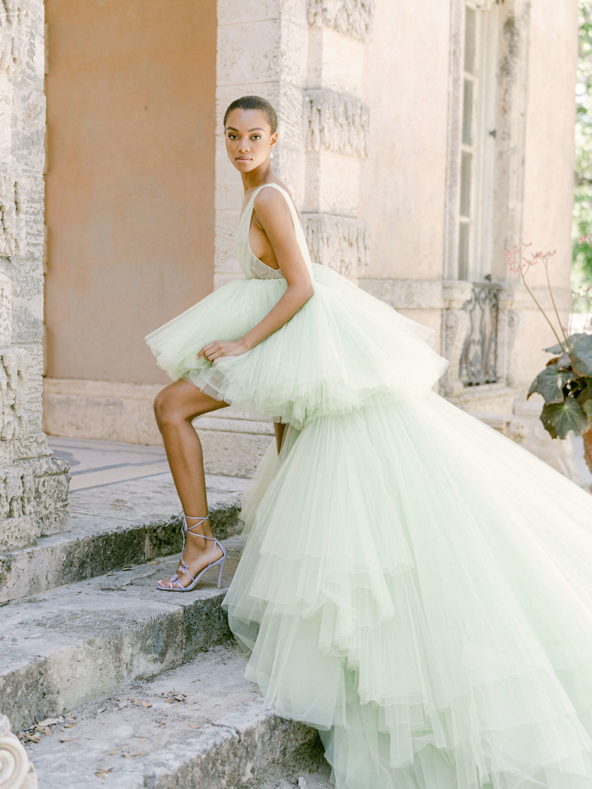Nicole + Felicia Couture pale green tulle gown with Bella Belle butterfly shoes