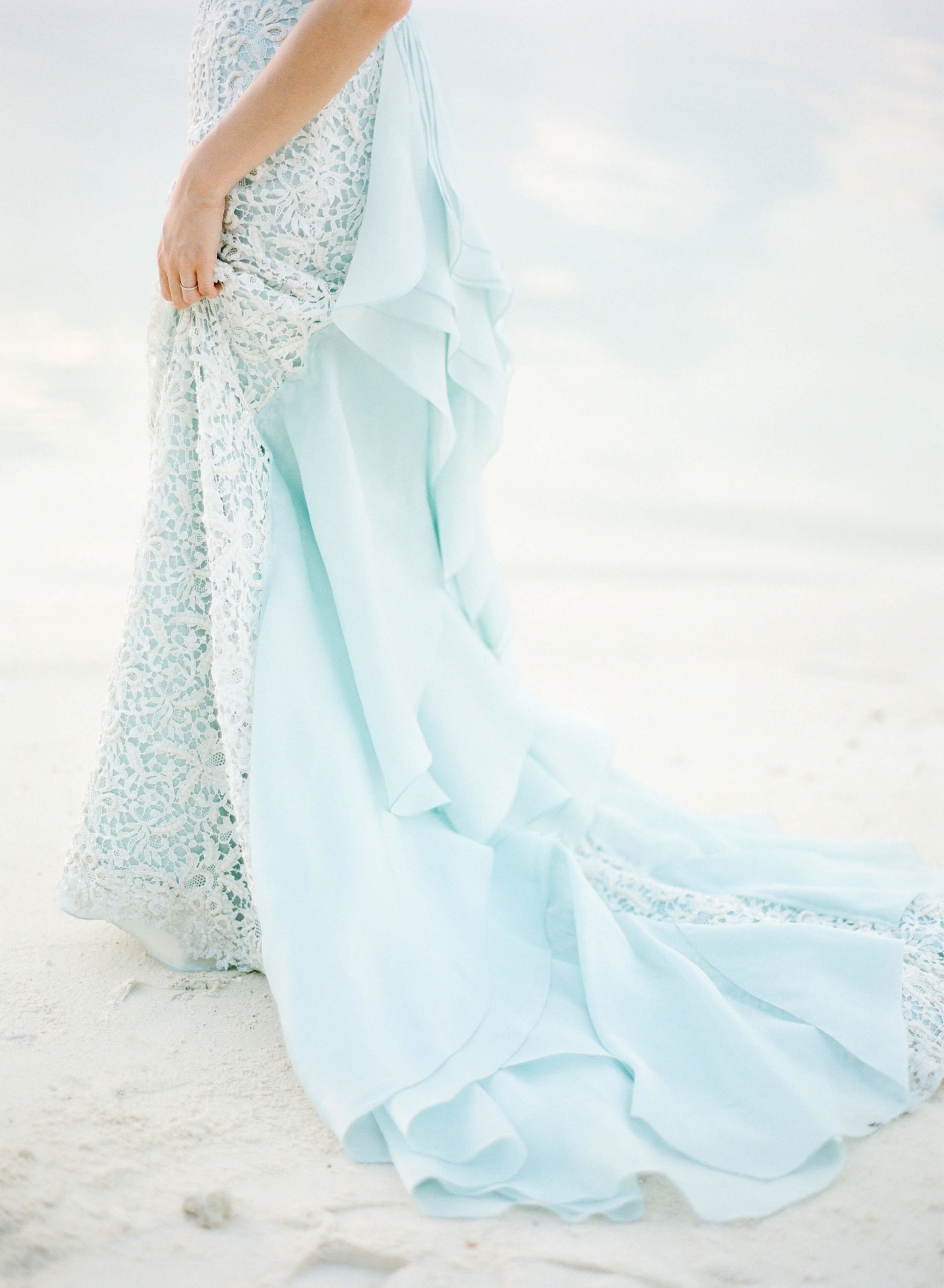 light blue wedding gown on Maldives beach