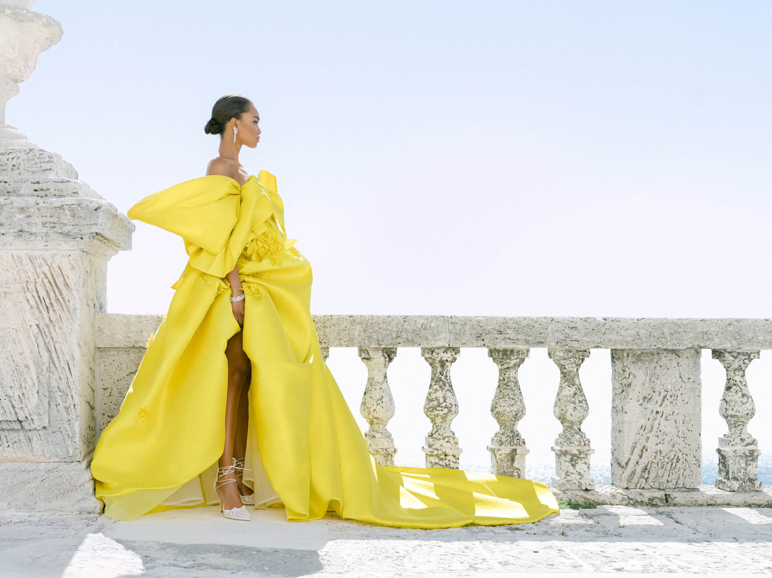 Edwin Oudshoorn yellow couture gown at Vizcaya Museum in Miami