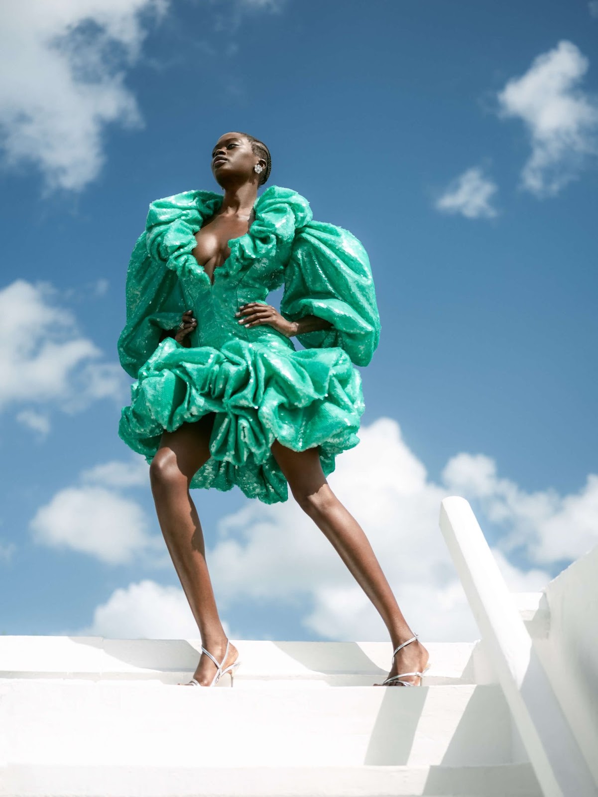 colorful Balmain couture worn at editorial photo shoot