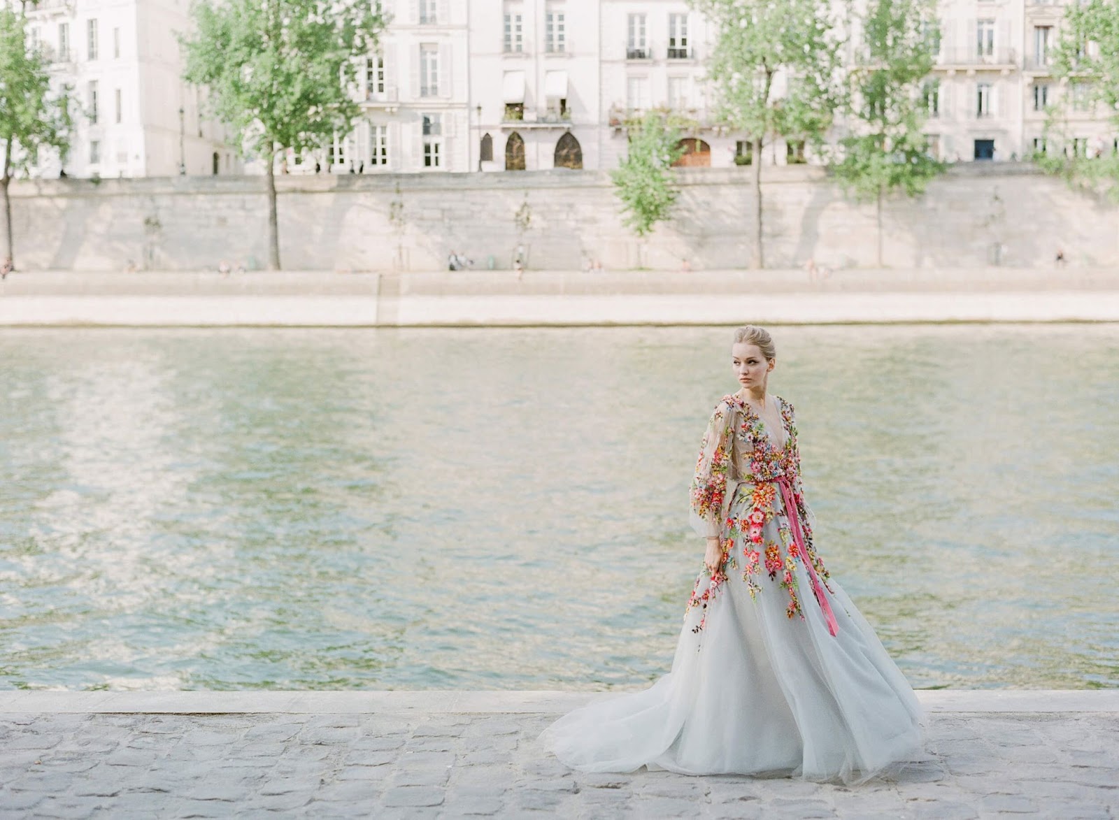 Marchesa floral gown modeled by the Seine River