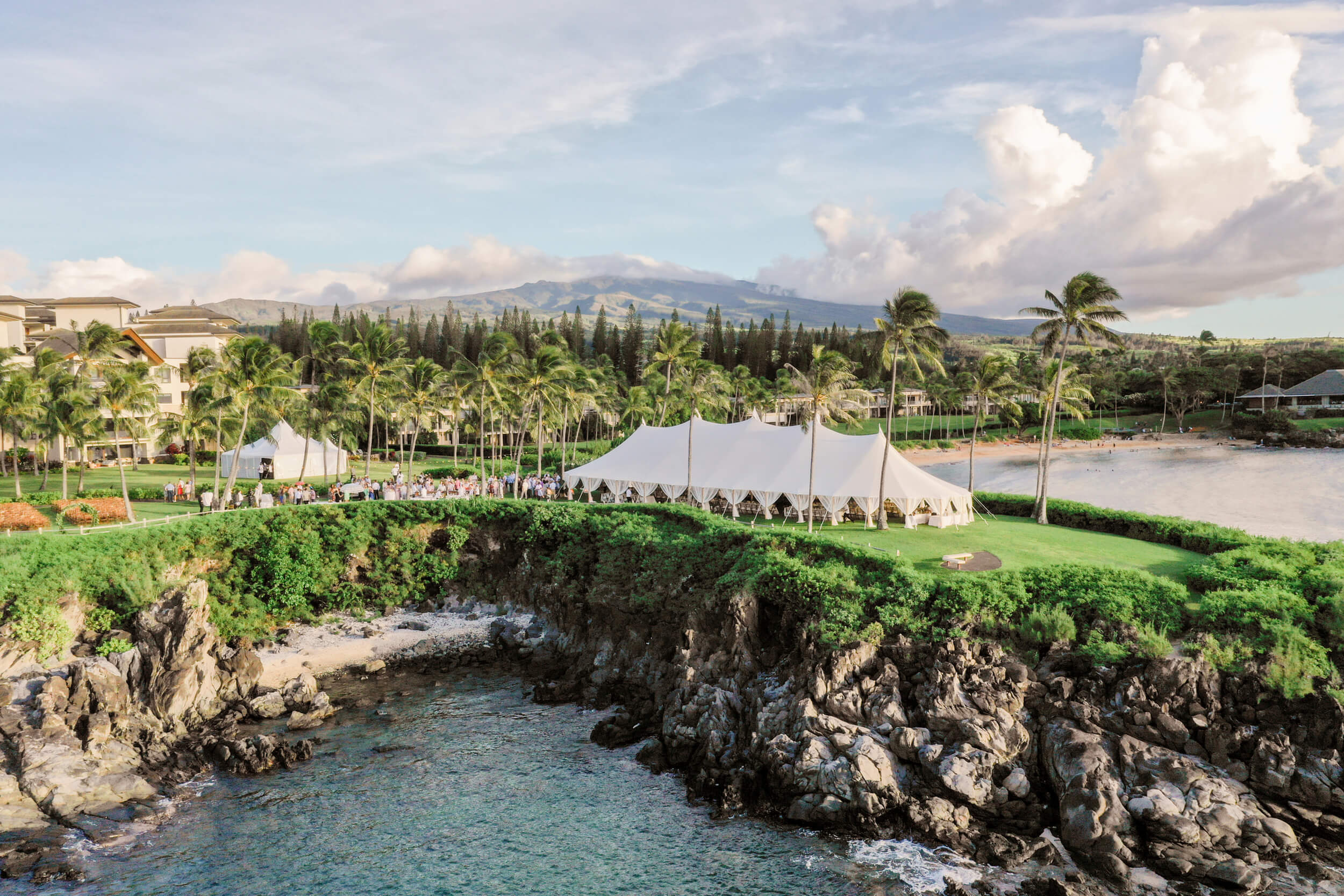 Aerial shot; Hawaiian destination wedding reception