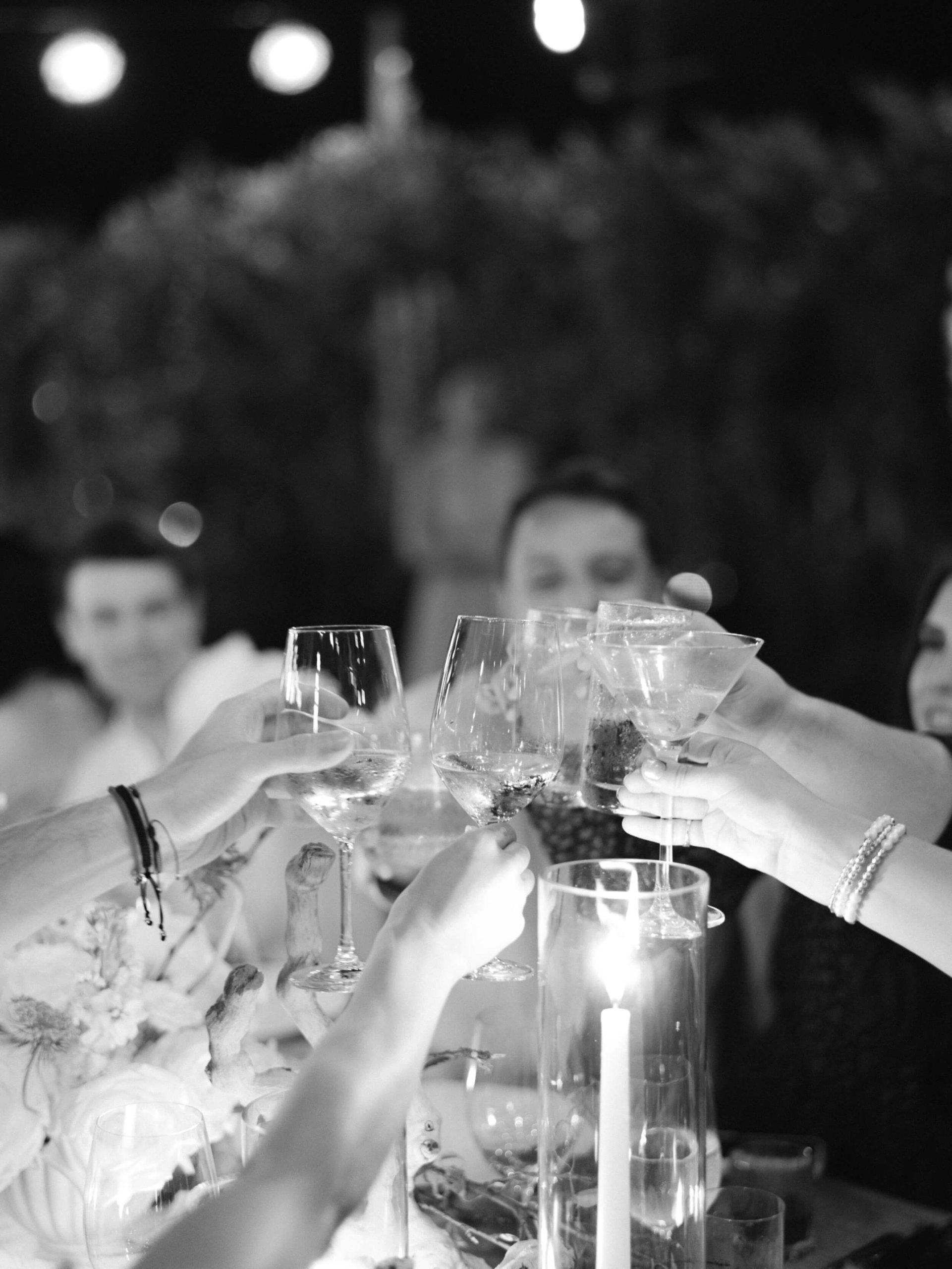 Guest raising their glasses for a toast at Danielle and Lucas' Playa del Carmen wedding