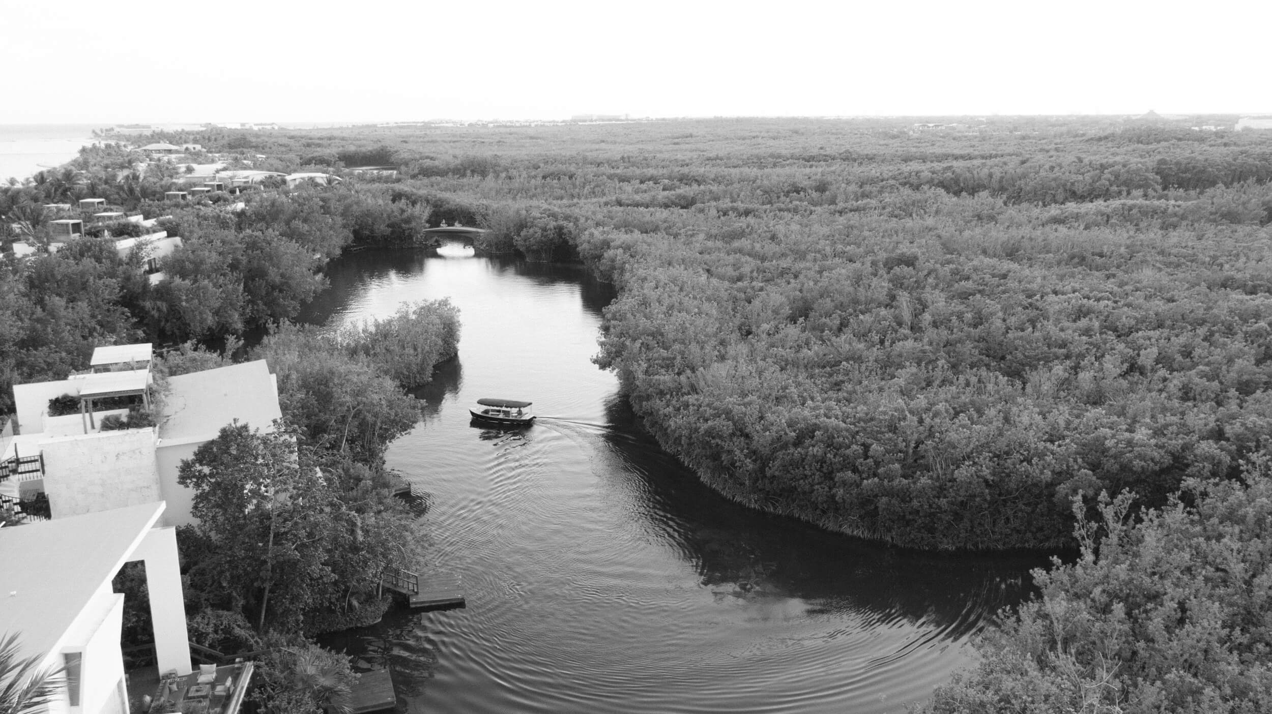 Aerial shot of a boat on a river