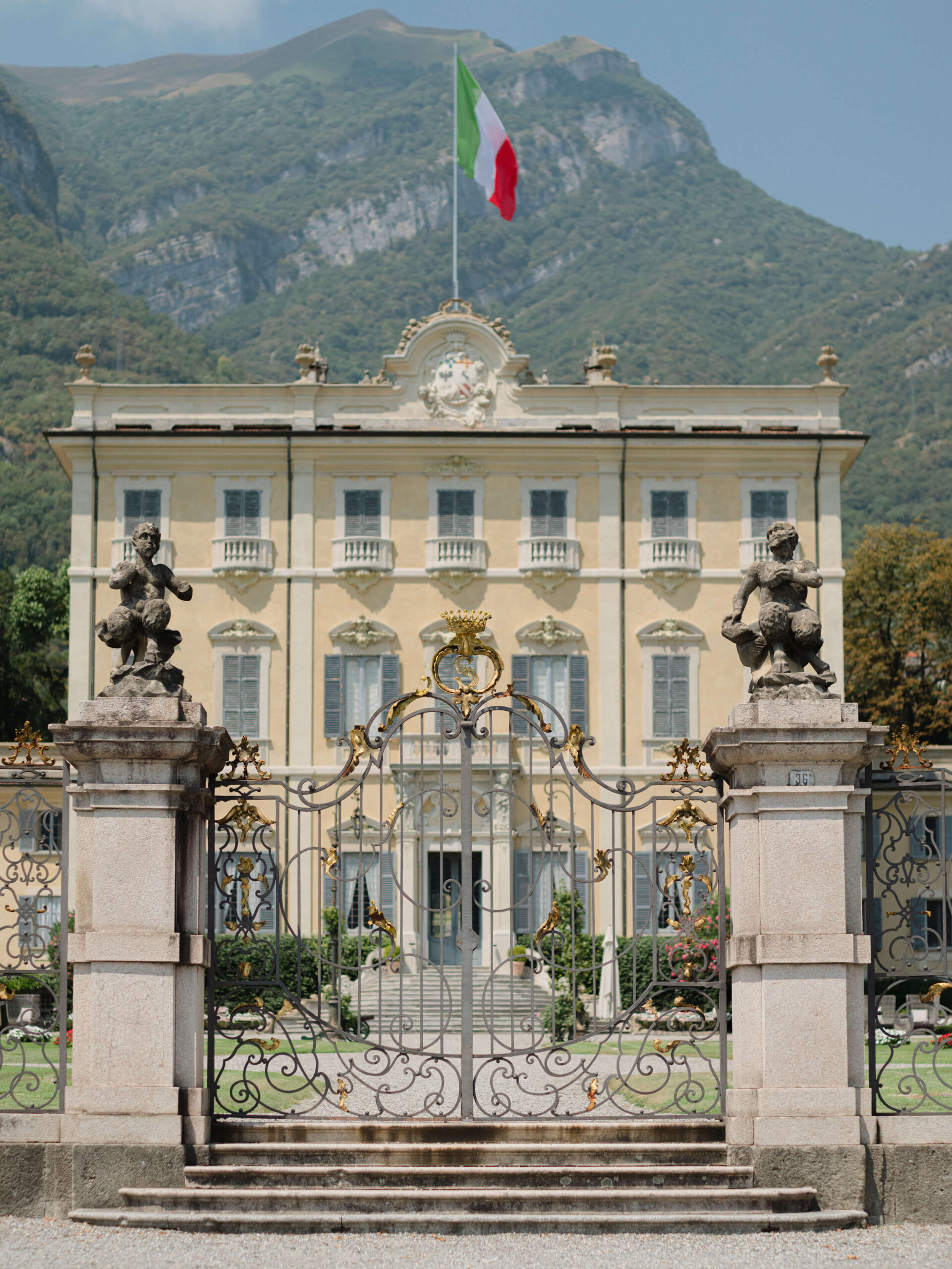 Historical villa with ornate gate in Lake Como, Italy