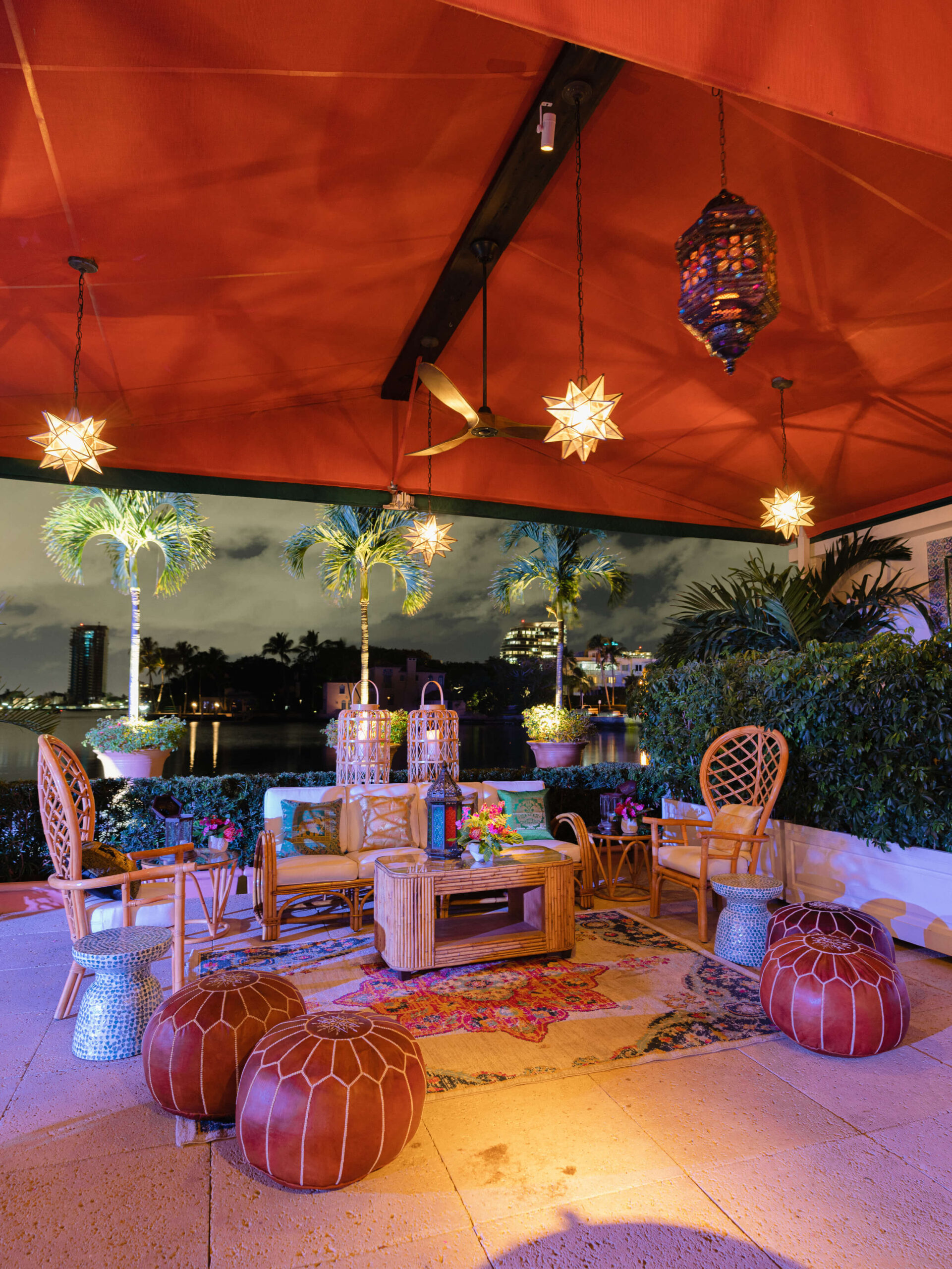 Comfortable seating area, colorful lights and plush floor cushions
