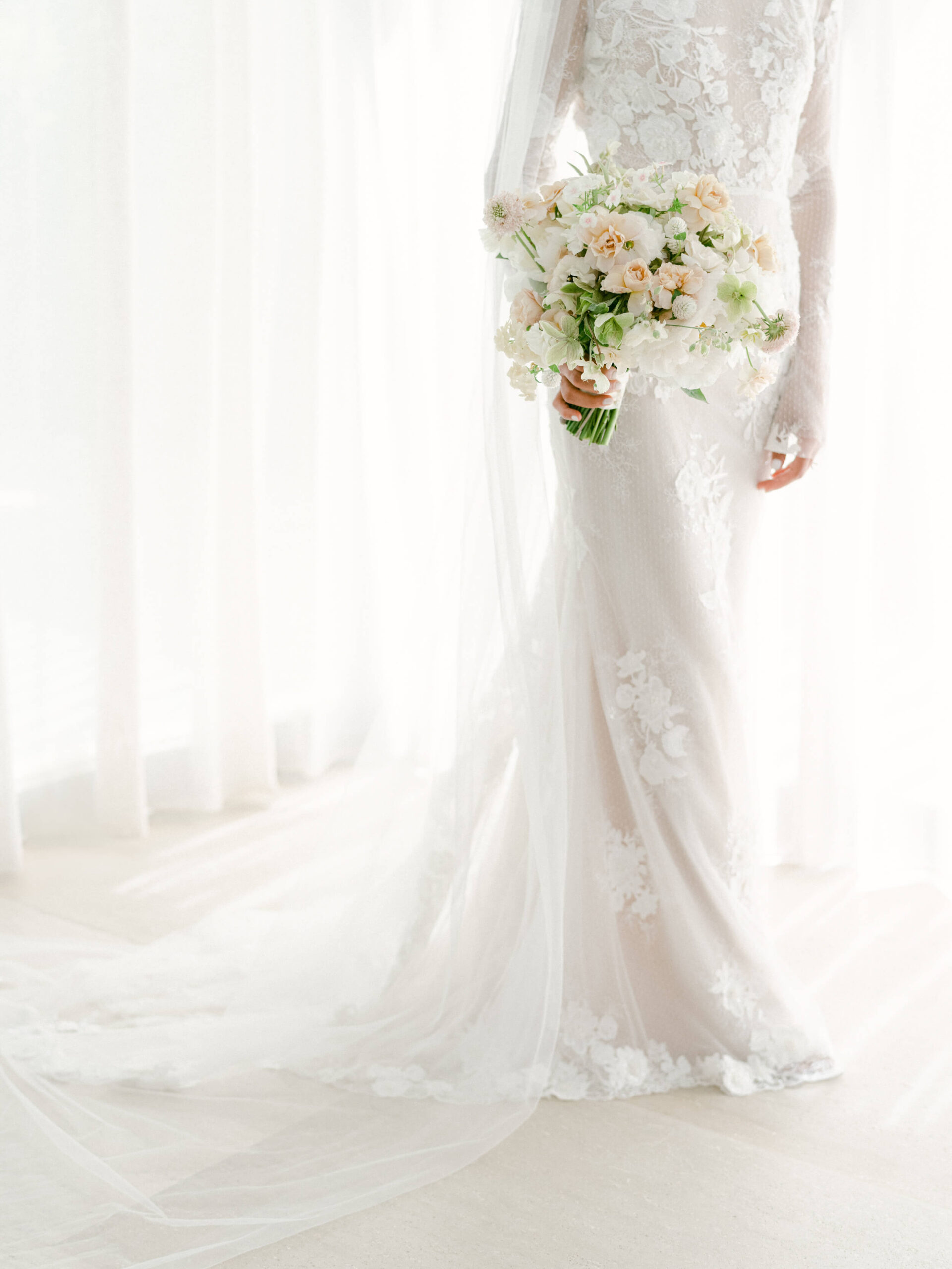 Olga's wedding gown, veil, bouquet