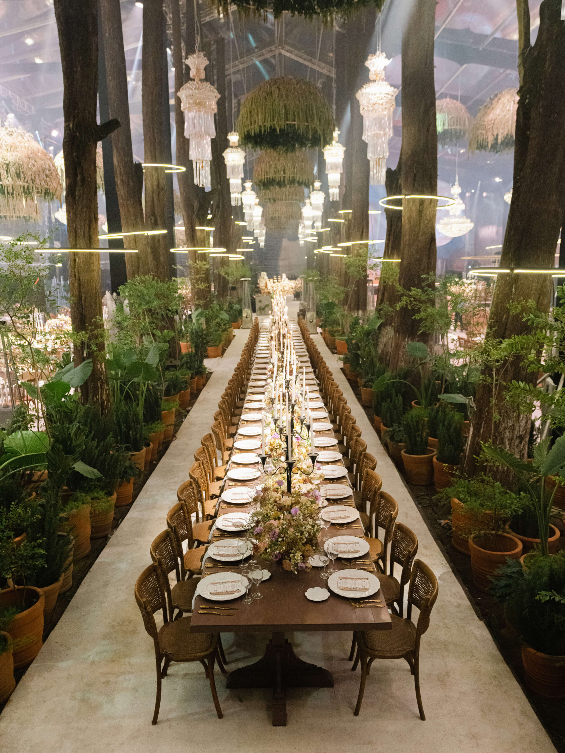 The reception area with a long table surrounded by halo-light encircled trees, with moss and crystal chandeliers hanging overhead